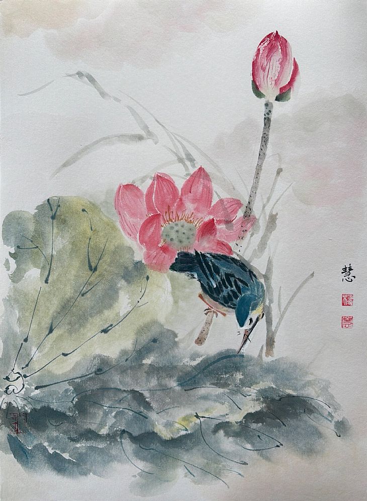 《清风莲下栖翠羽》